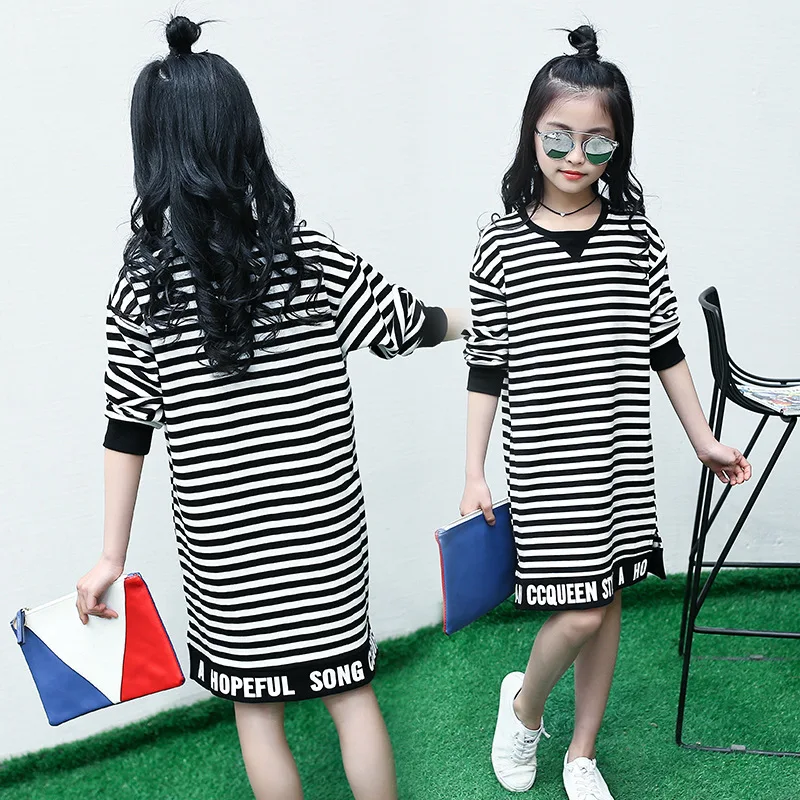 Children's dress Girls Spring and Autumn striped letter in the long casual blouse shirt Middle school student clothes