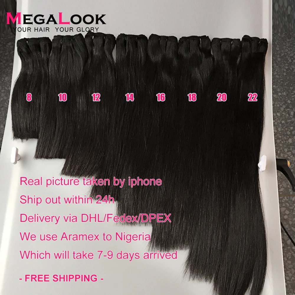 Super Double Drawn Hair Brazilian Raw Virgin Unprocessed Straight Human Hair Bundles with Closure 100% Hair Weave Megalook