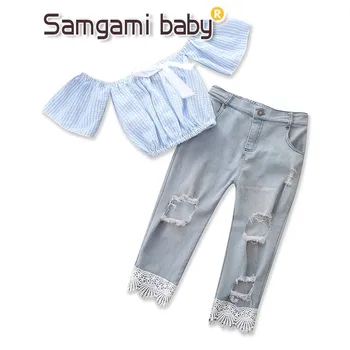 

SAMGAMI BABY Toddler Girls Summer Clothing Blue Stripes Tops Broken Hole Pants Jeans 2pcs Girl Clothes Kids Suit Outfit 1-5Y