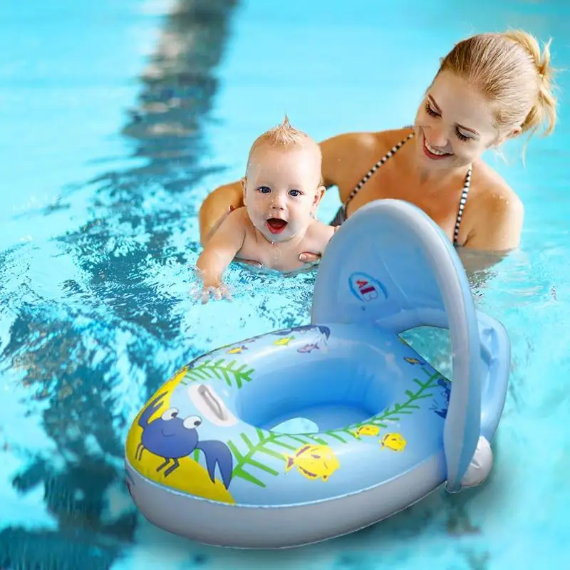 Мультфильм печати для маленьких детей летние надувной плавающий круг сиденье лодка поплавок плавательный круг для детей с зонтиком детей