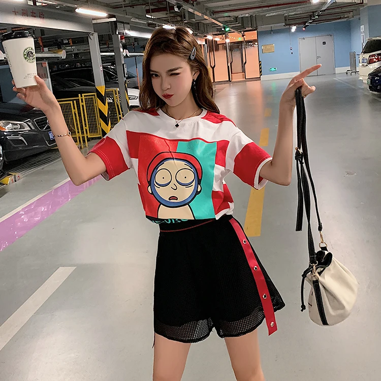 

Mixed Color Cartoon Printing Women T Shirts with Breathable Mesh Shorts Tracksuit 2 Piece Outfits for Women Set Top and Pants