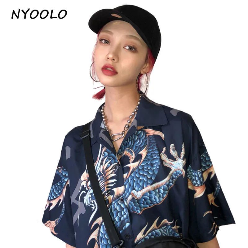 NYOOLO летняя винтажная дизайнерская рубашка с драконом и отложным воротником с коротким рукавом, мужская и женская Повседневная блуза в японском стиле