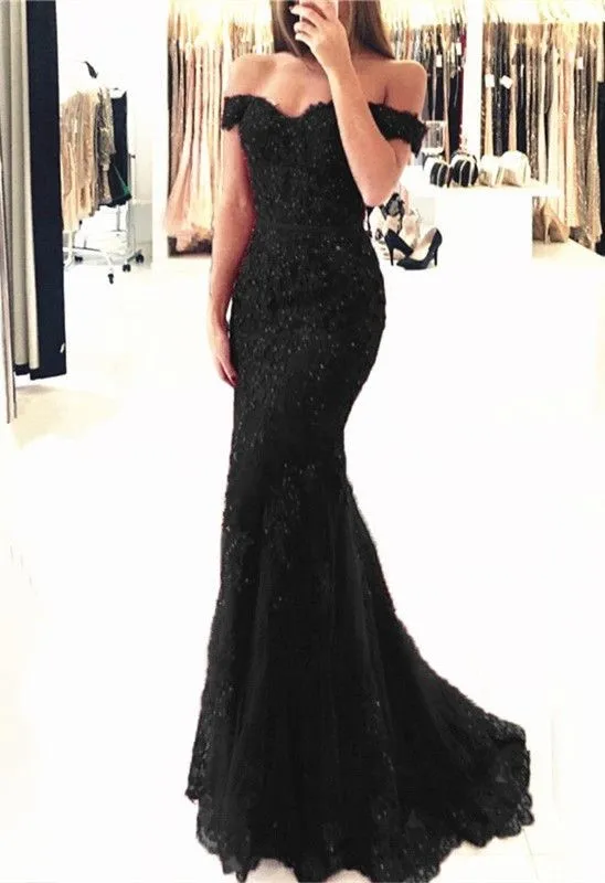 prom gowns Off the Shoulder Prom Dresses Long Elegant Beaded Lace Aooliques vestido formatura Red Mermaid Formal Party Gowns prom & dance dresses