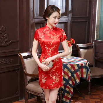 

Women Cheongsam Brocade Dress Stand Collar Vintage Porcelain Stamp Elastic Package Hip Pencie Dress Female Short slit XXXXXXL