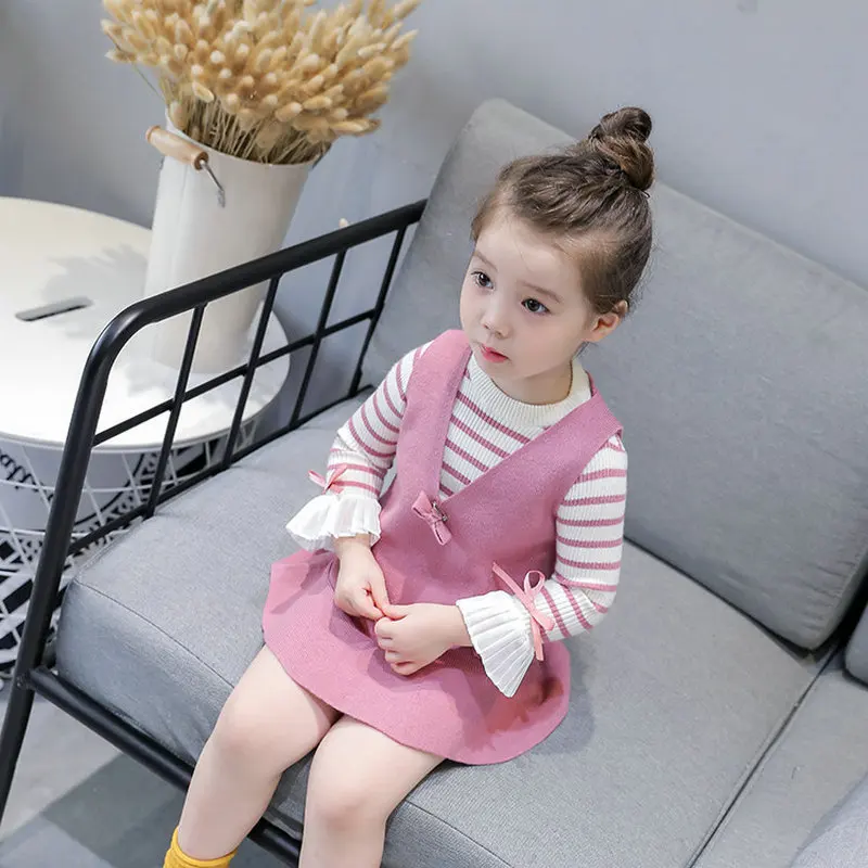 

DFXD Children Girls Clothes Suit 2018 Spring Fashion Striped Long Flare Sleeve Shirt Top+V-neck Vest Dress 2pc Kids Outfits 2-8Y
