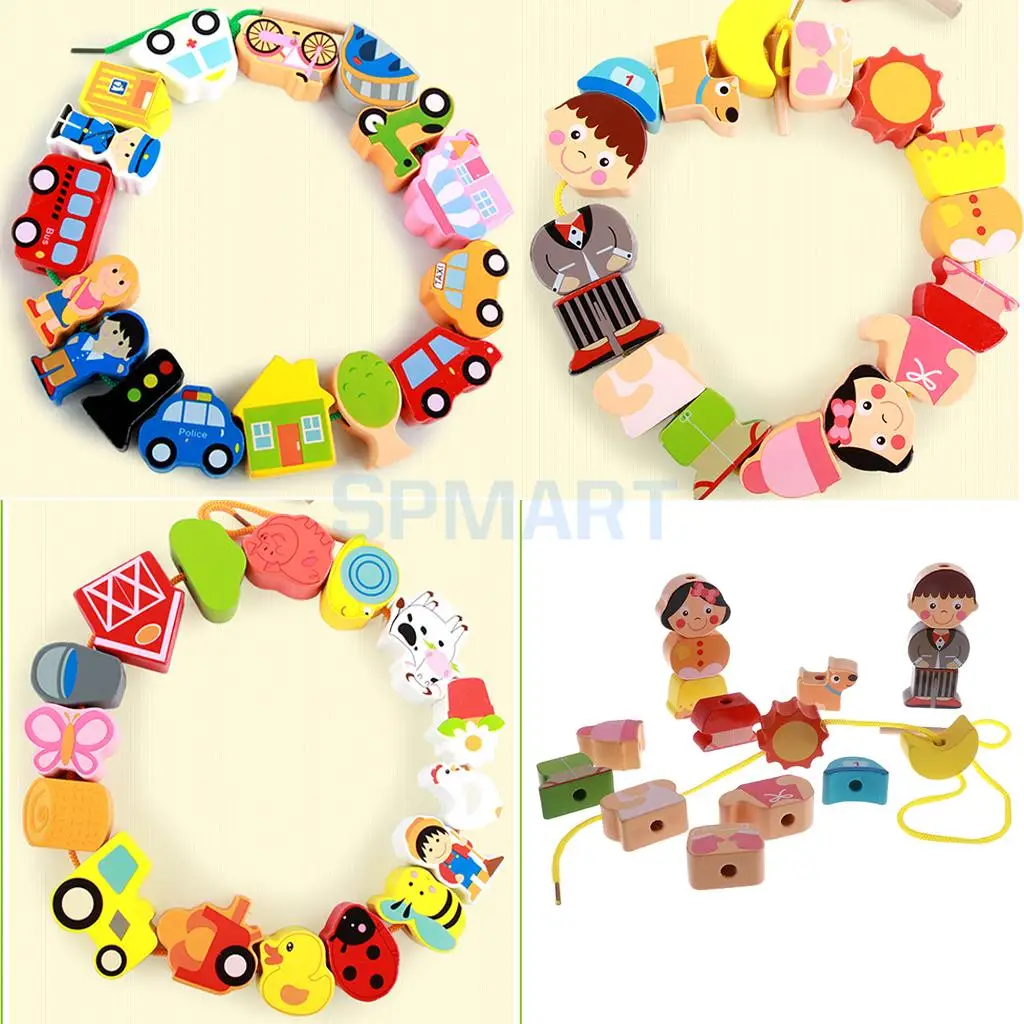 Wooden Cartoon Threading Beads Lacing Game Kids Preschool Edutional Toys - People/City/Farm