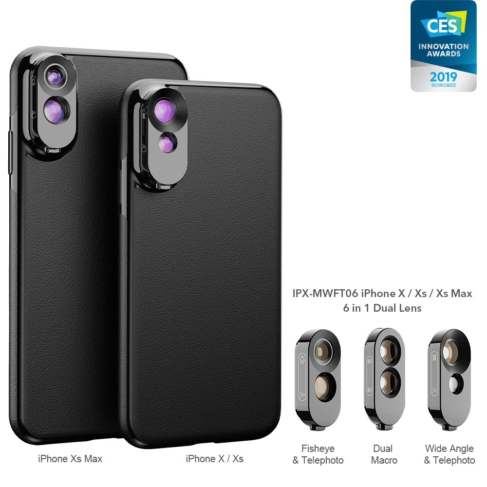 APEXEL 3 in 1 Dual Macro Lens Case Set Wide Angle Telephoto Fisheye Lens With PU Leather Phone Case Kit For iPhone X,XS,XS Max