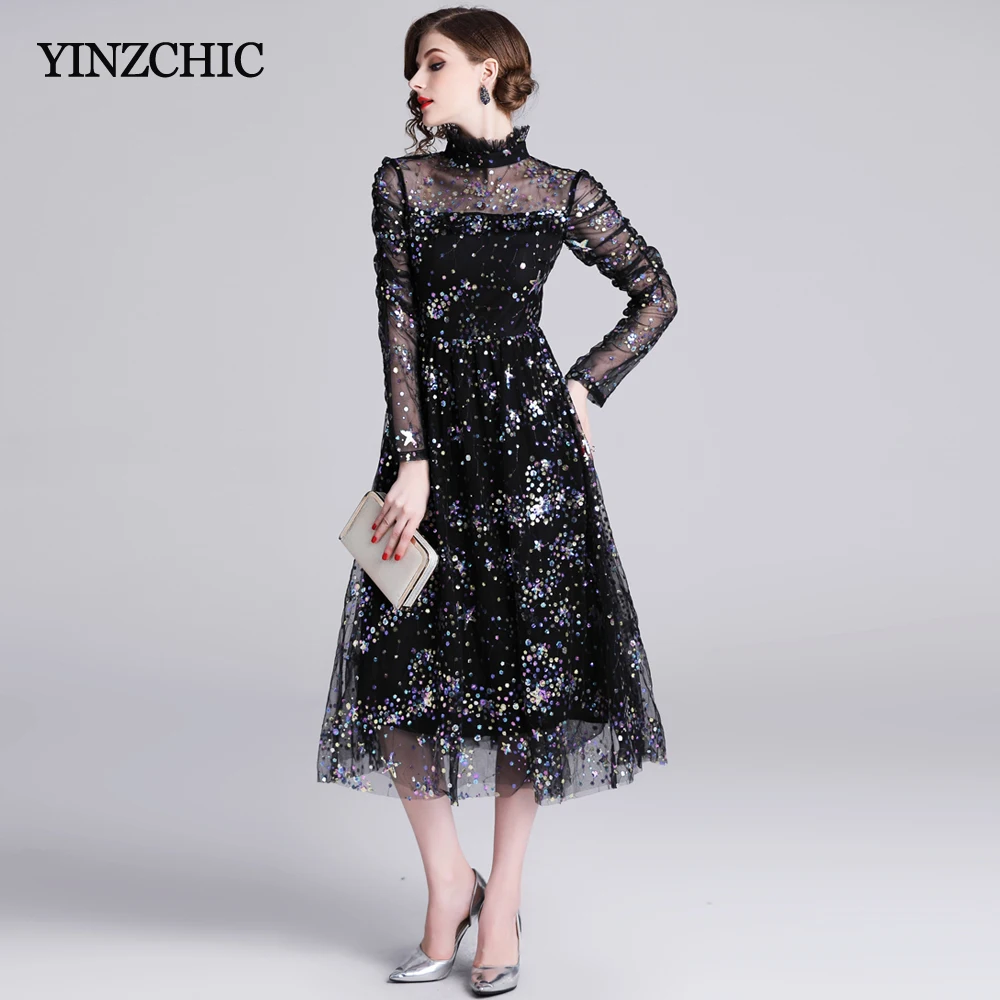

New Spring Womans Mesh Dress Sequins Patched Womans Elegant Party Dresses Stand Collar OL A-line Mid Dress