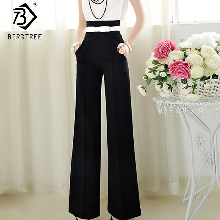 Online 2019 verano Mujer pantalones negros de pierna ancha bolsillos de cintura alta sólida suelta inferior nueva oficina señora Hots ventas B8D729J