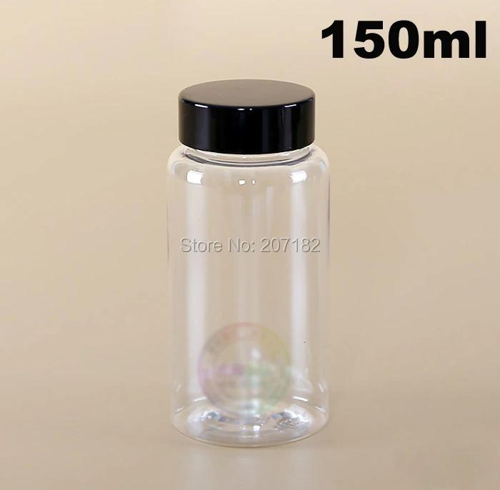 

(100PCS/Lot)150ML/150CC Clear PET Plastic Bottle, Top Grade Empty Capsule Bottle, Medicine Bottle with Bright Black Aluminum Cap