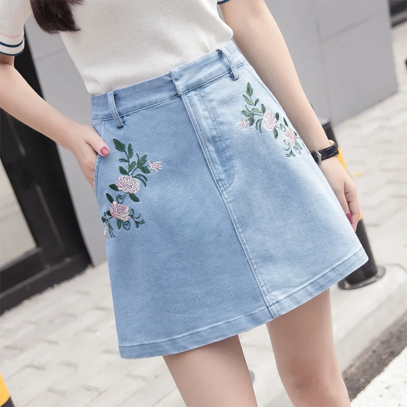 2017 summer new fashion women's cowboy half skirt college wind repair body embroidery skirt wild A word skirt women (15)