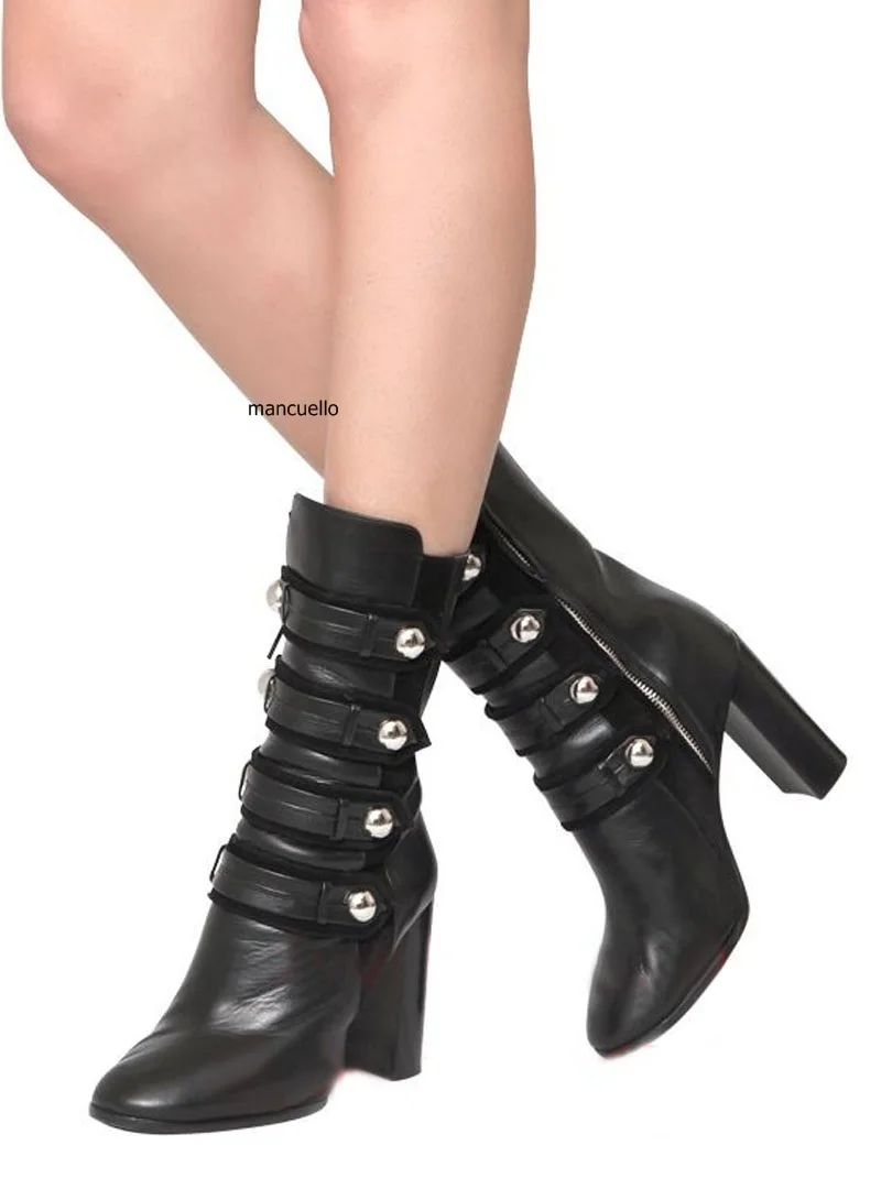 

New Design Black PU Leather Military Style Short Boots Trendy Women Block Heels Ankle Boots Metal Decoration Side Zip KnightBoot