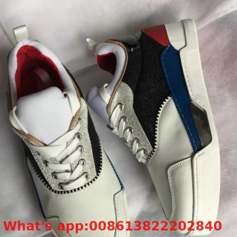 

Low-cut Leisure Shoes Lace-up White Sports Shoes Glitter Rivets Red Bottom For Men Sneakers Leather Flat Loafers 2018