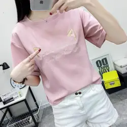 2018 Белый Розовый цвет Harajuku футболка Для женщин Kawaii хлопок короткий рукав Повседневное Футболки Костюмы Корея летние футболки
