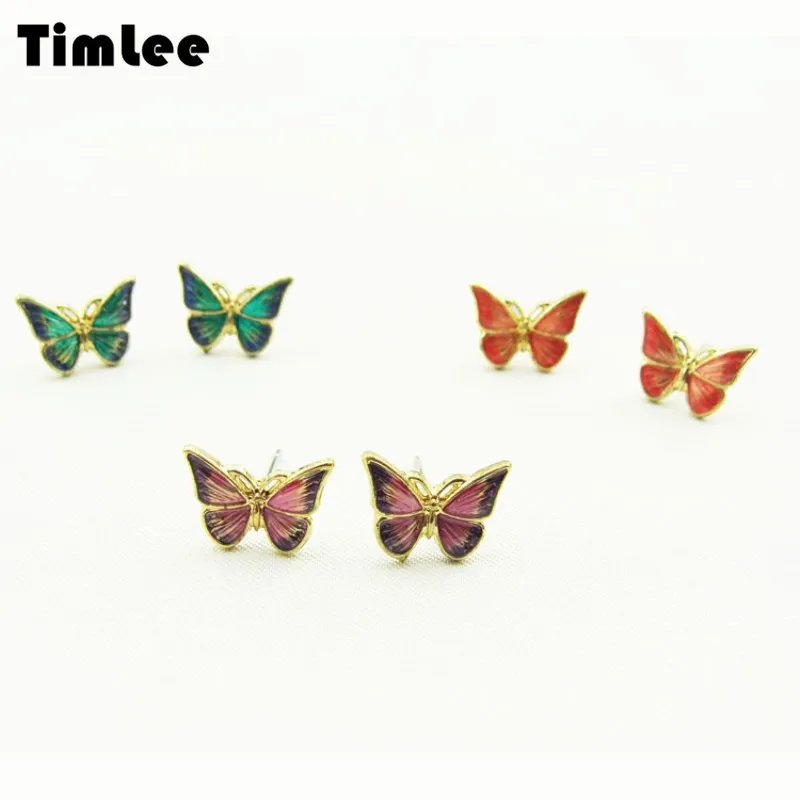 

Timlee E065 Free shipping Simple Delicate Dripping Oil Butterfly Alloy Studs Earrings Fashion Jewelry wholesale