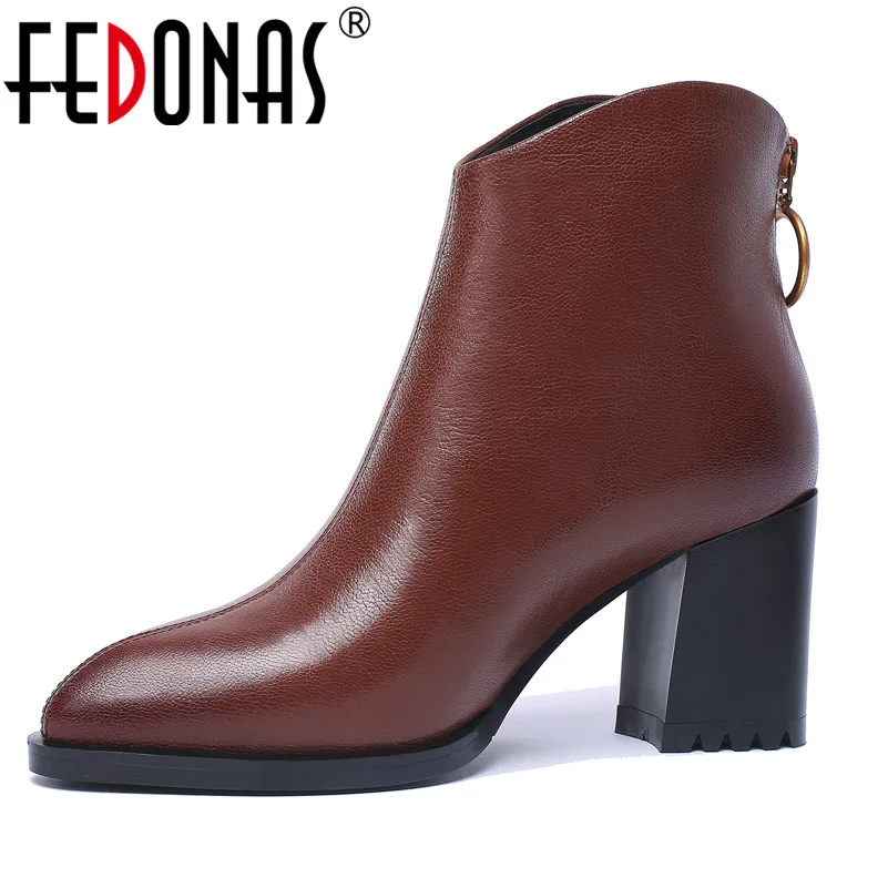 

FEDONAS Fashion Women Ankle Boots Genuine Leather Autumn Winter Warm High Heels Back Zipper Motorcycle Boots Brand Shoes Woman