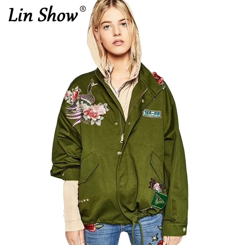 LINSHOW Oversize Birds Floral Embroidered Women Bomber Jackets Pattern