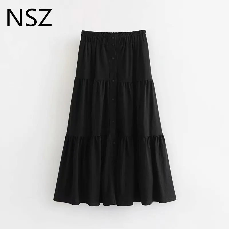 Women Black Pleated Skirt Button Decorate Elastic Waist Midi Skirt