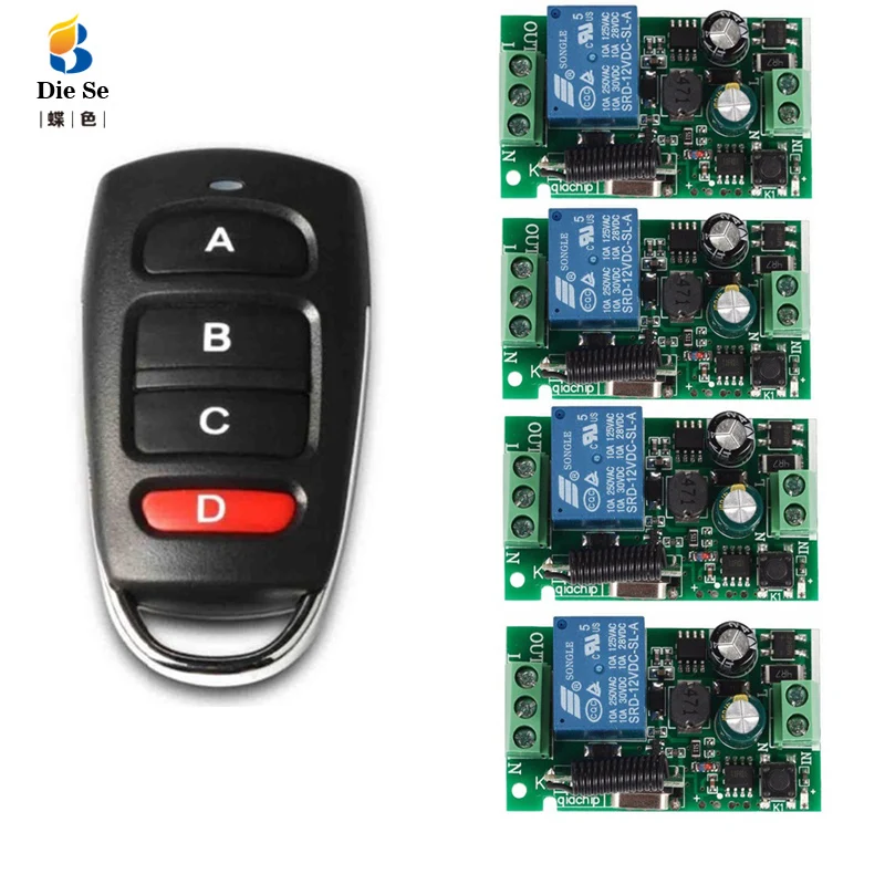 433MHz Universal Wireless Remote Control Switch AC 85V-250V 1 Channel Relay Receiver Module 4 Button Remote Control