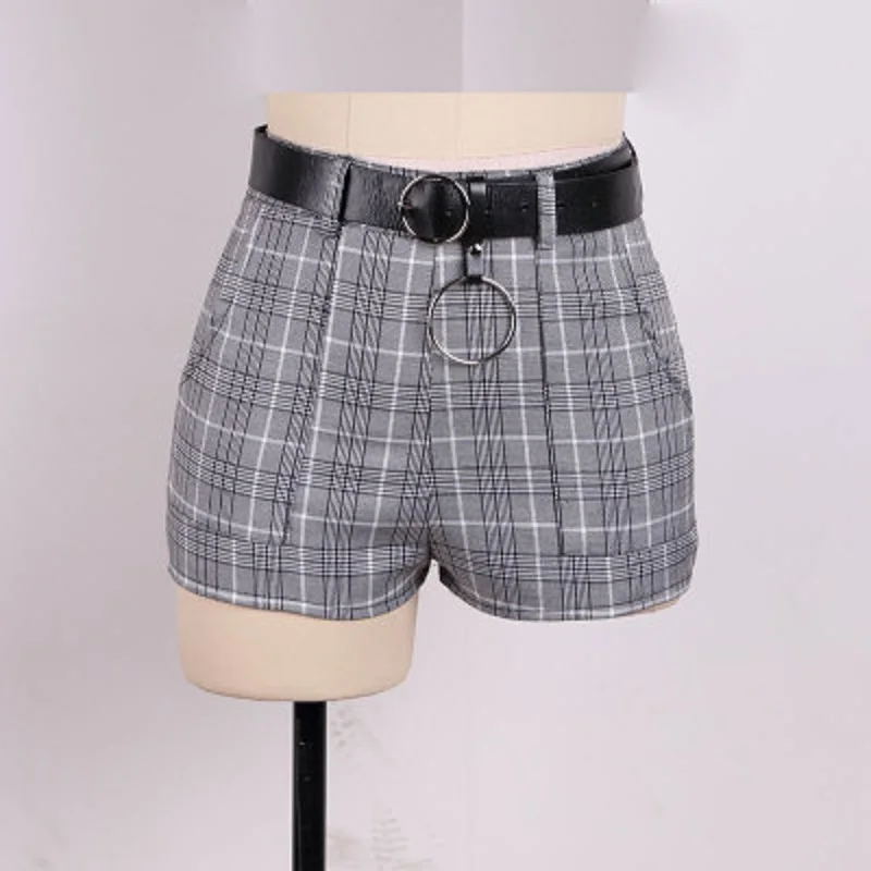 

Summer Women Shorts Grey Plaid High Waist Casual Shorts With Belt