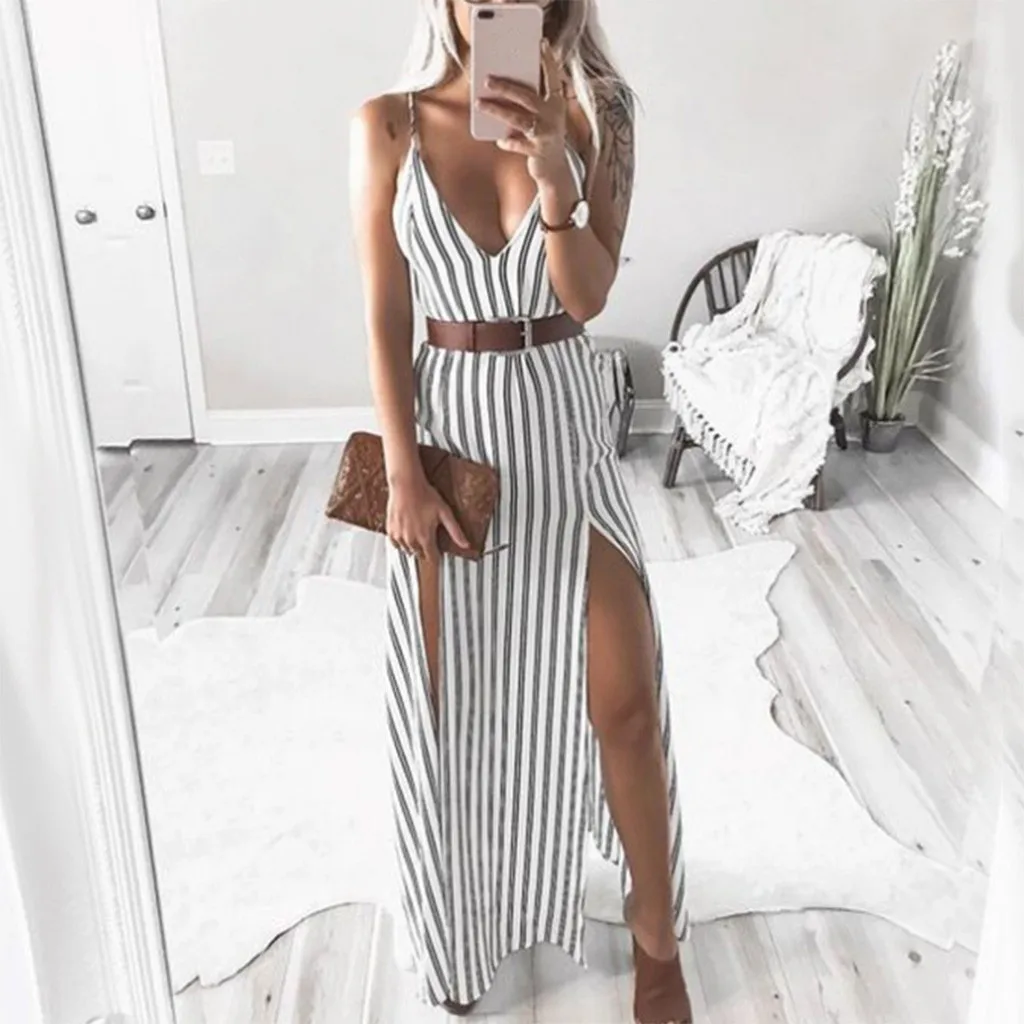 

Women's Signature Slit Stripe Dress With Thin Shoulder Strap And V-Neck