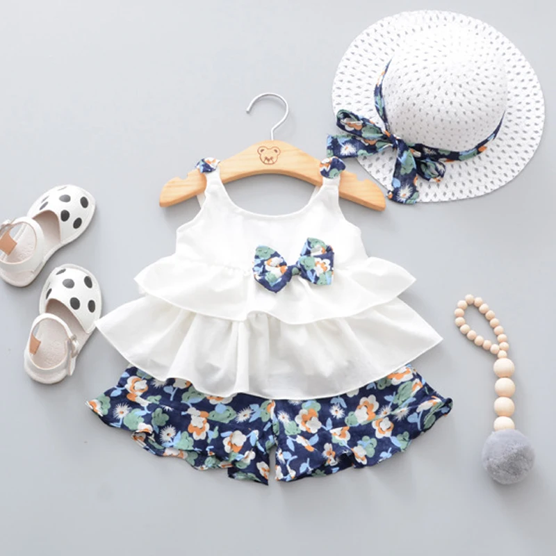 

Baby girl clothes set 2019 summer new sleeveless floral shorts suit + sun hat bebe kid clothes