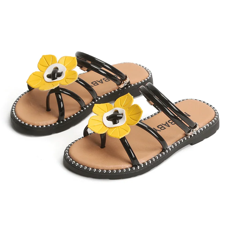 Для девочек сандалии детские тапочки для девочек; летние туфли на плоской подошве шлепанцы с цветочным принтом домашние тапочки для детей