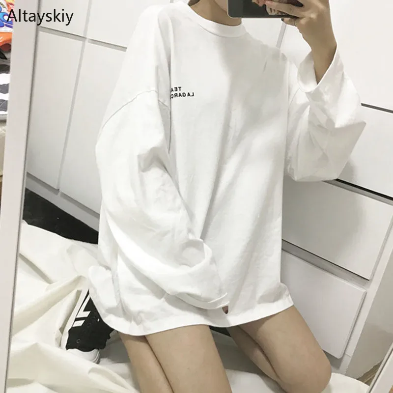 

T-shirts Women Loose Long-sleeve Female New Spring Simple O-Neck Students T-shirt Students Clothing Chic Womens 2019 Leisure