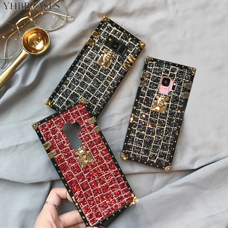 

YHBBCASES Luxury Bling Sequins Plaid Case For Samsung Note 10 8 9 Chic Gold Rivet Square Cover For Samsung Galaxy S10 S8 S9 Plus