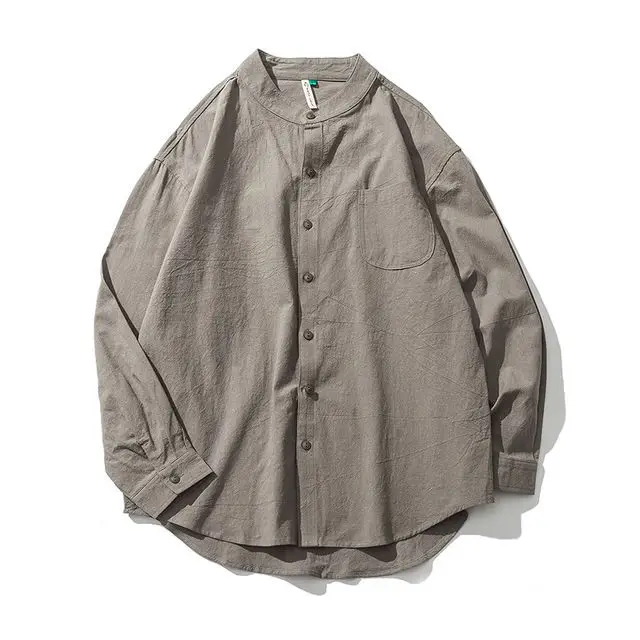 Льняная мужская рубашка с длинным рукавом и стоячим воротником, высокое качество, драповая ткань, Весенняя однотонная черная белая летняя рубашка - Цвет: Dark Green