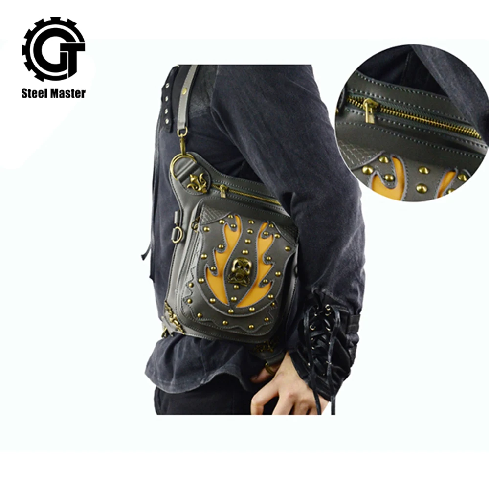 

Steampunk Men Women Unisex Waist Bags Vintage Messenger Leg Bag Fashion Black Leather Shoulder Bags Travel Punk Waist Packs