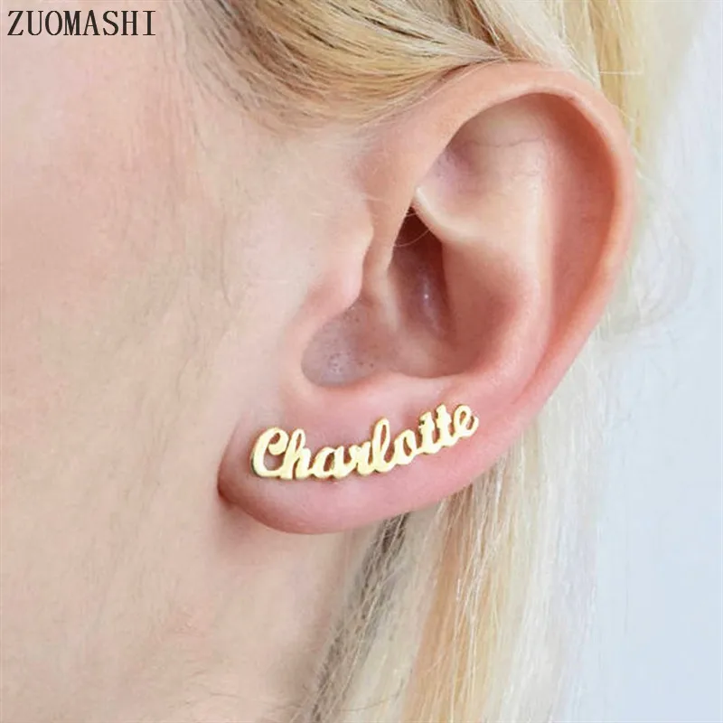 

Custom Name Earrings Stainless Steel Personalized Name Stud Earrings For Women Customize Initial Cursive Nameplate Gift for Her