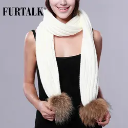 FURTALK Для женщин зимний шарф помпонами из натурального меха енота SFAC004