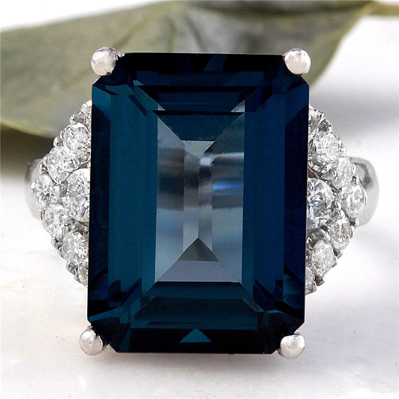 Classic Large Dark Blue Square Stone Ring Luxury Silver Color Geometry