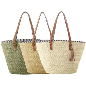 

Women Beach Straw Bag Pure Color Single Shoulder Bag Natural Fashionable Woven Tassel Bags For Women Brand New