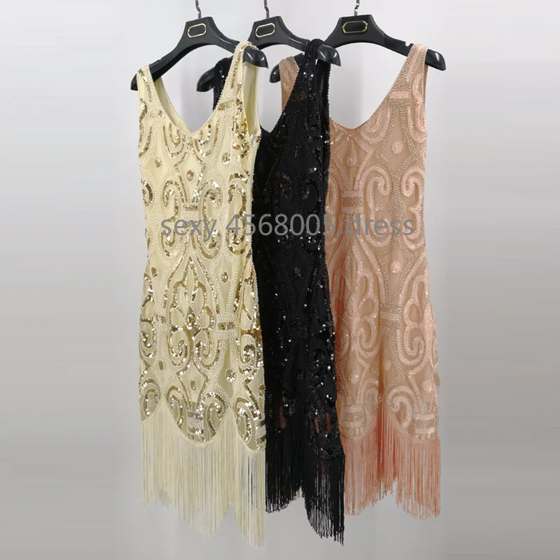 Retro 1920s Gatsby Party Flapper Dress Double V Neck Sleeveless Paisley Sequin Bead Embellished Fringe Swing Vestido | Женская одежда