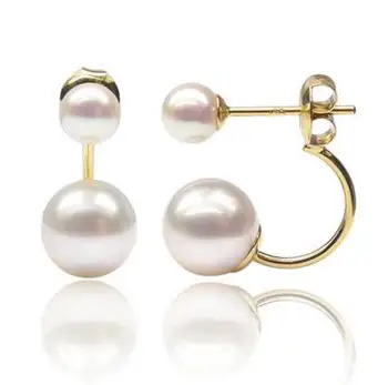 

free shipping luxury Noble jewelry 5-8.5MM Natural White Real Akoya Double Pearl Ear Earrings