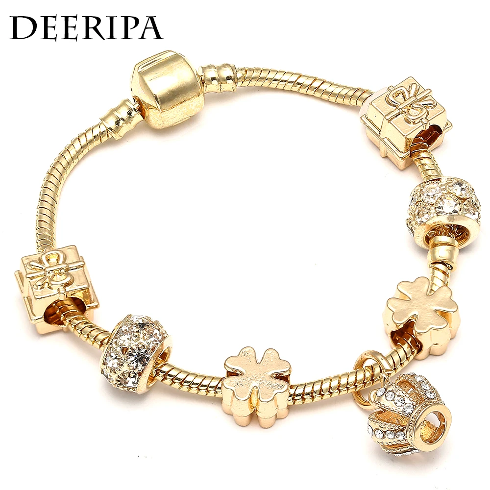 Antique Gold Chain Crown Charm Bracelets Clover Beads Pandora Bracelet