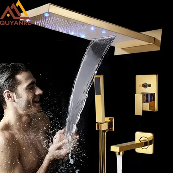 

Quyanre Golden LED Wall Mounted Shower Set Faucets Rainfall Watefall Shower Head 3 Way Function Single Handle Mixer Tap Shower