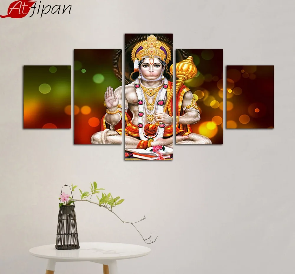 

AtFipan Framed 5 Pieces Canvas Paintings God Hanuman Pictures for Home Decoration Fashion Buddha Printed Poster Wall Artwork