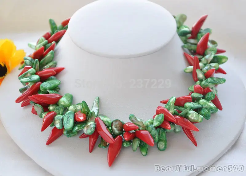 

Wholesale XSZ2014 ^^3row 18" green baroque pearl red paprika coral necklace