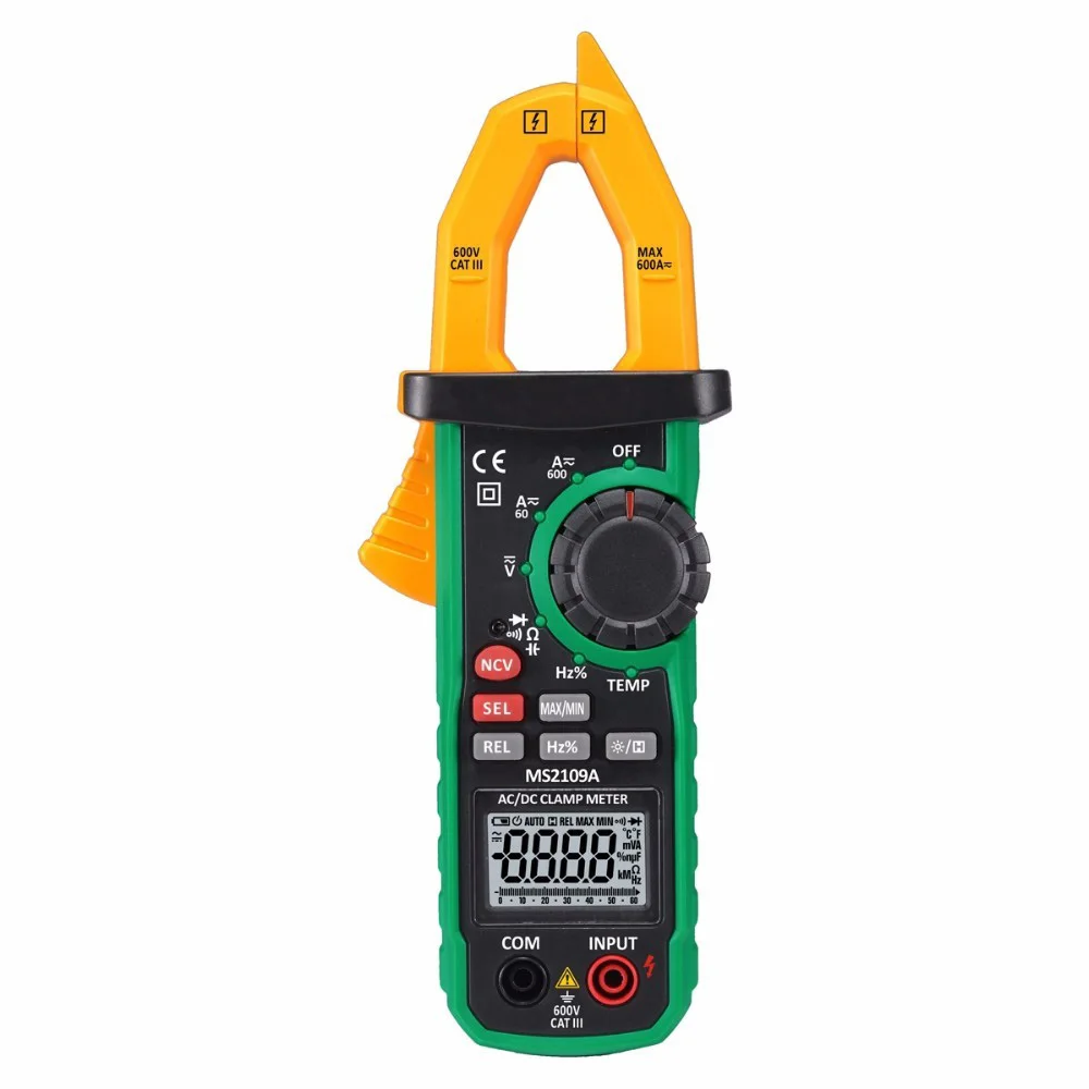 

MS2109A True RMS Auto Range Digital AC DC Clamp Meter 600A Multimeter Volt Amp Ohm HZ Temp Capacitance Tester NCV Test