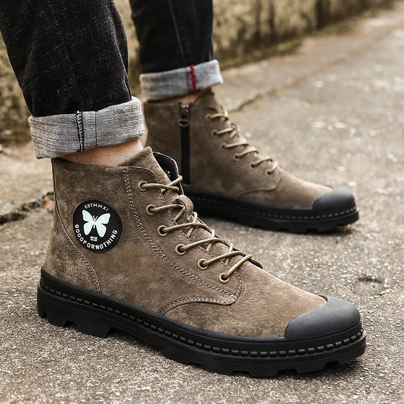 

2019 Safety Boots Shoes Men Fashion High Ankle Shoes For Men Khaki Gray Motorcycle Shoes Men Stylish Trendy Brogue Boots Men
