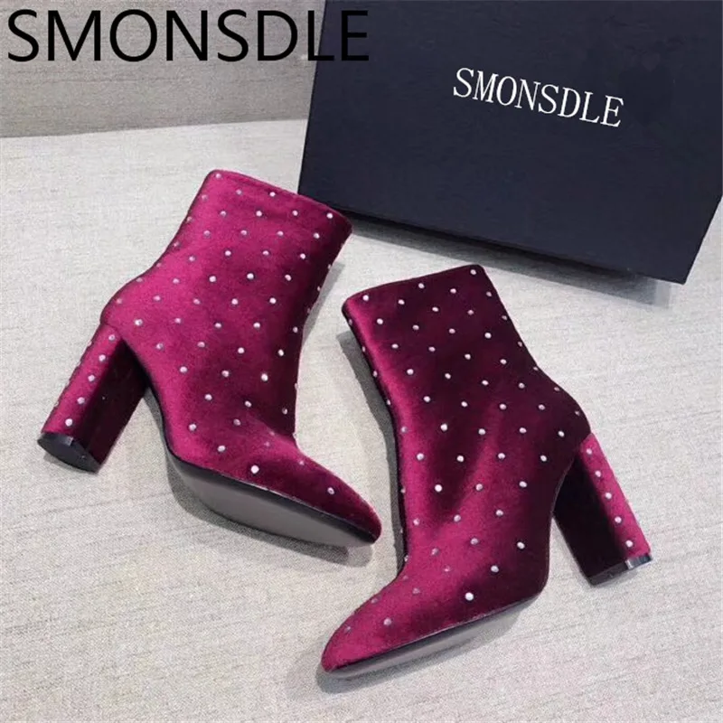 

SMONSDLE New Fashion Black Genuine Leather Women Ankle Boots Round Toe Side Zip Velvet Thick High Heel Women Boots Shoes Woman