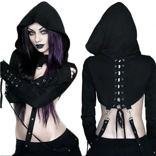 

2019 Fashion Women Gothic Punk Hoodies Bandage Sexy Vampire Halloween Sweatshirt Crop Top