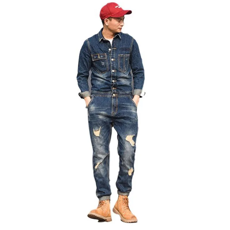 Mcikkny Fashion Men's Ripped Denim Bib Overalls Multi-pockets Blue Color Slim Fit Jeans Jumpsuits For Male Suspender Pants  (4)