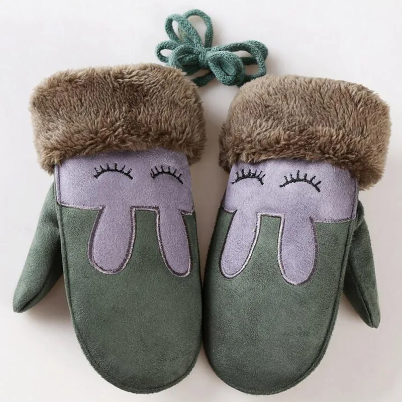 Lovely Cartoon Rabbit Children's Winter Thick Cashmere Cotton Warm Suede Leather Mittens Boy/Girls Faux Sheepskin Gloves 100D