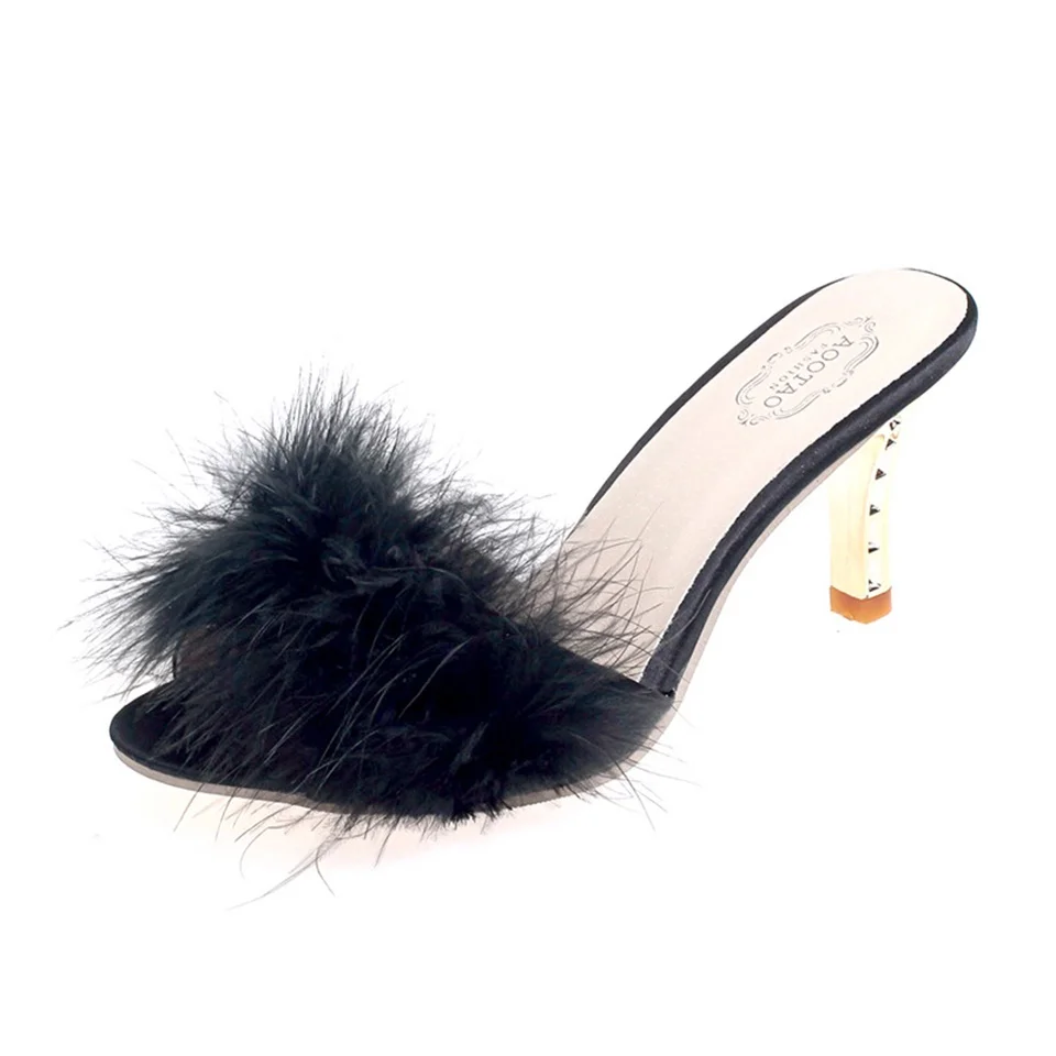 

Women's Slippers 7CM High Heel Toe Fluffy Fur Decorative Sandals Summer Fashion Comfortable Casual Women's Slippers