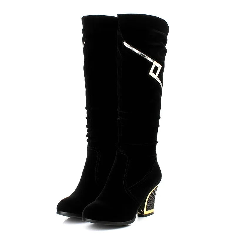 

Concise Lady Autumn Shoe Square High Heel Round Toe Flock Riding Woman Motorcycle Boot Party Female Knee High Boot Size 34-39
