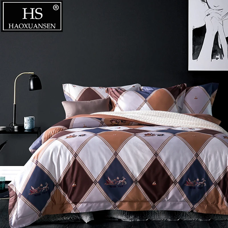 HS British Style Diamond Pattern 100S Reactive Print 4pcs Bedding Sets